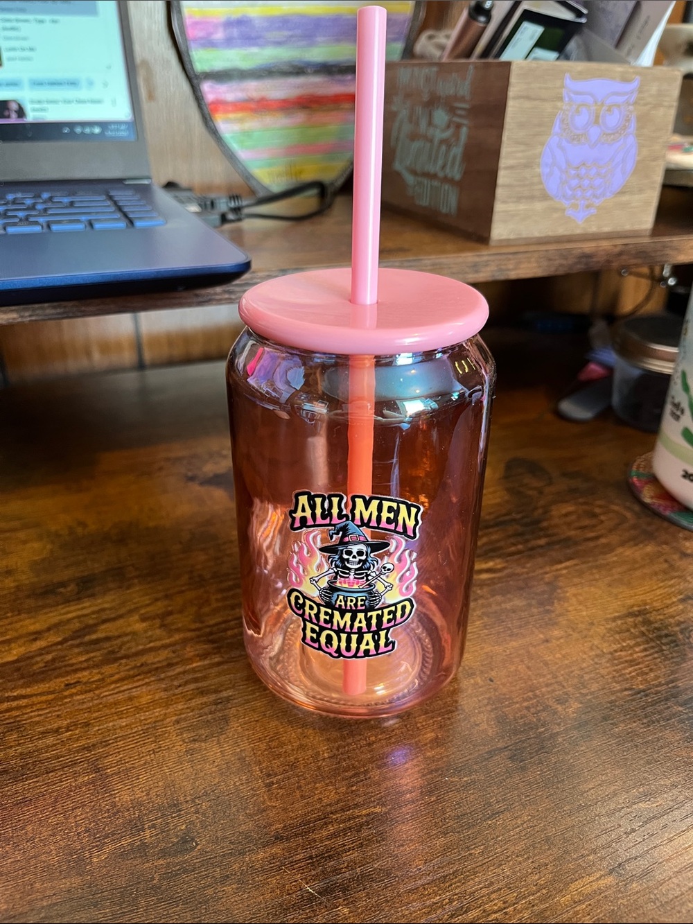 Pink Novelty Tumbler with Straw - 'All Men Are Cremated Equal'